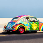 Colorful Psychedelic Volkswagen Beetle Artwork on Gradient Sky