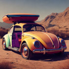 Vibrant Volkswagen Beetle with umbrella in desert landscape