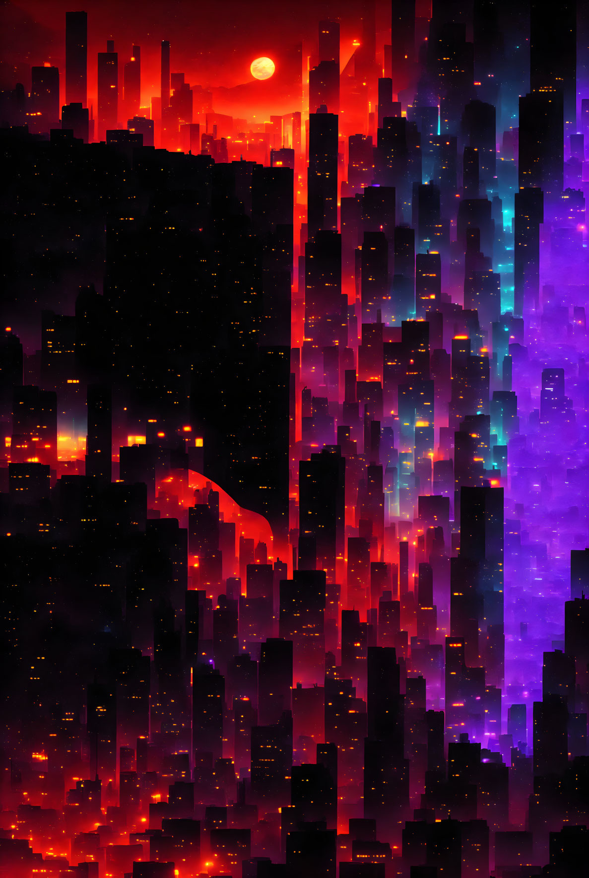 Futuristic cityscape: Skyscrapers in neon purple and red hues at dusk