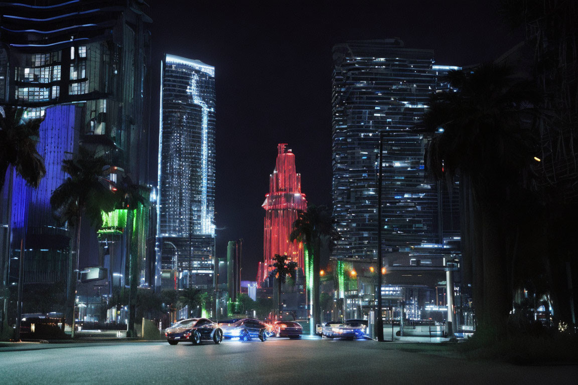 Vibrant Night Cityscape with Neon Skyscrapers & Palm Trees