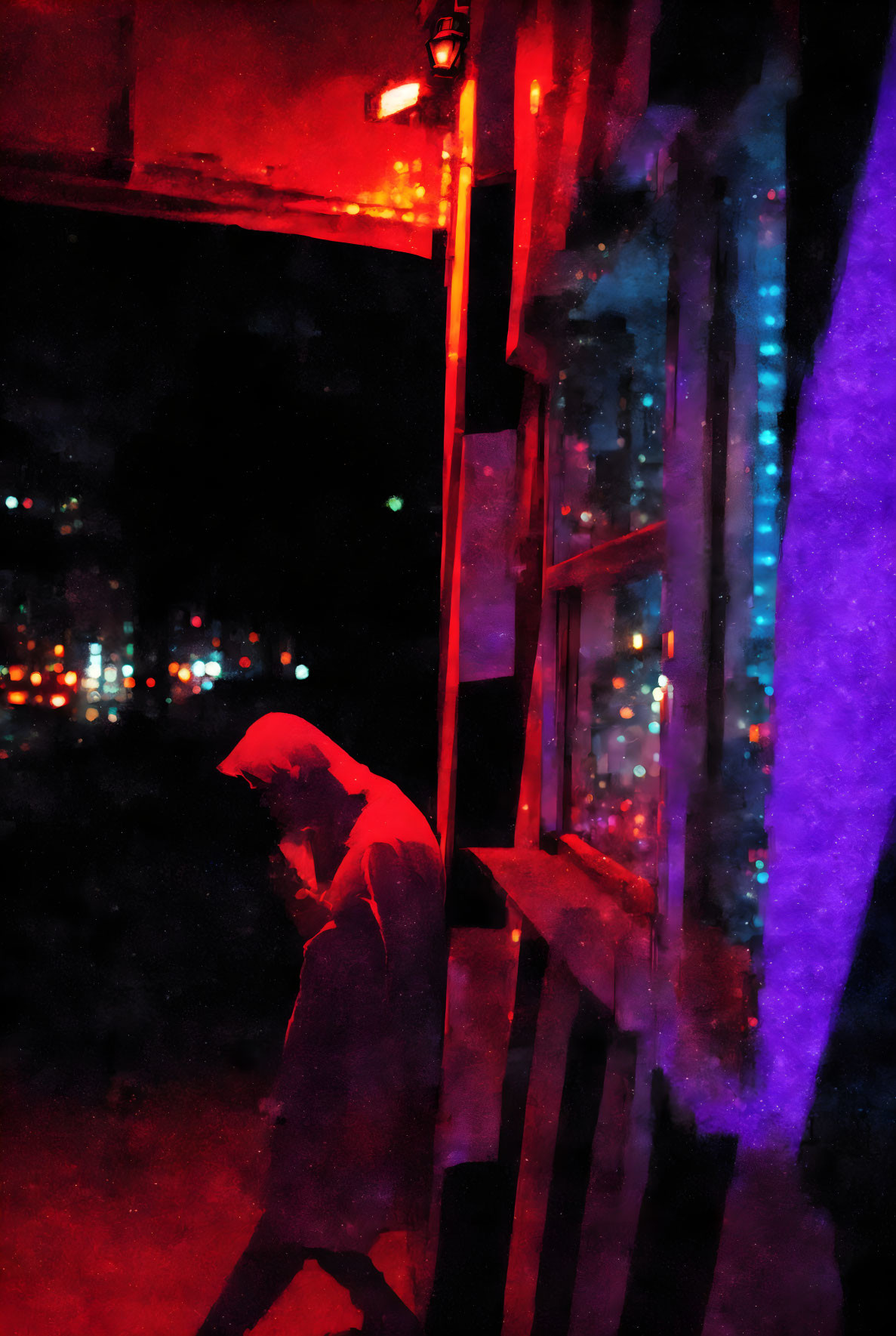 Person's silhouette by night window in red light with city lights.