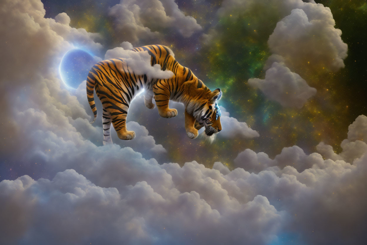 Tiger walking on clouds under starry sky with crescent moon