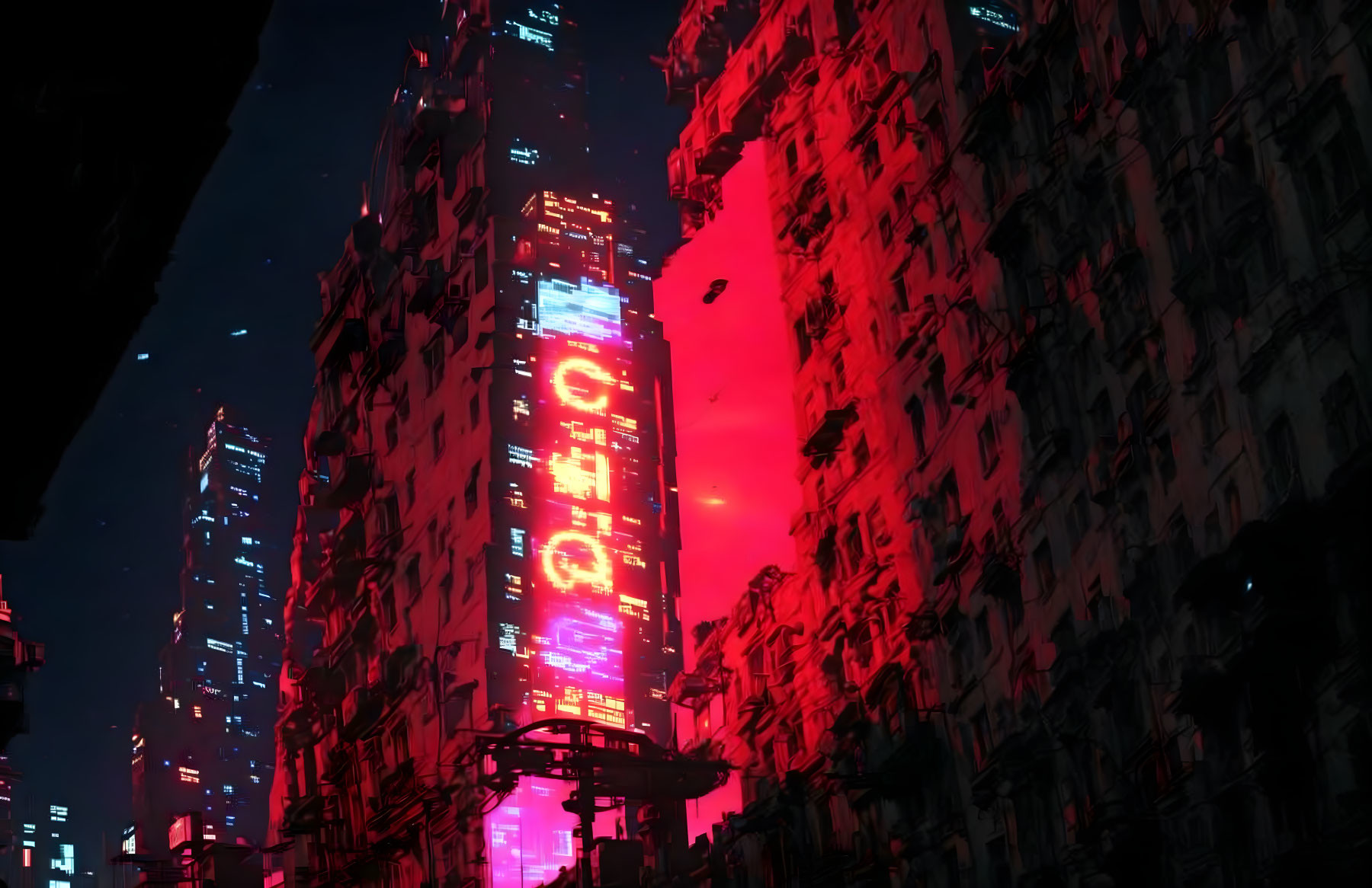 Futuristic cyberpunk cityscape with neon signs and towering high-rises