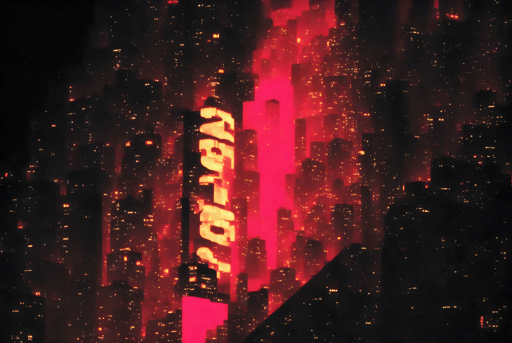 Night Cityscape: Close-Up View of Illuminated Skyscrapers in Red Tones