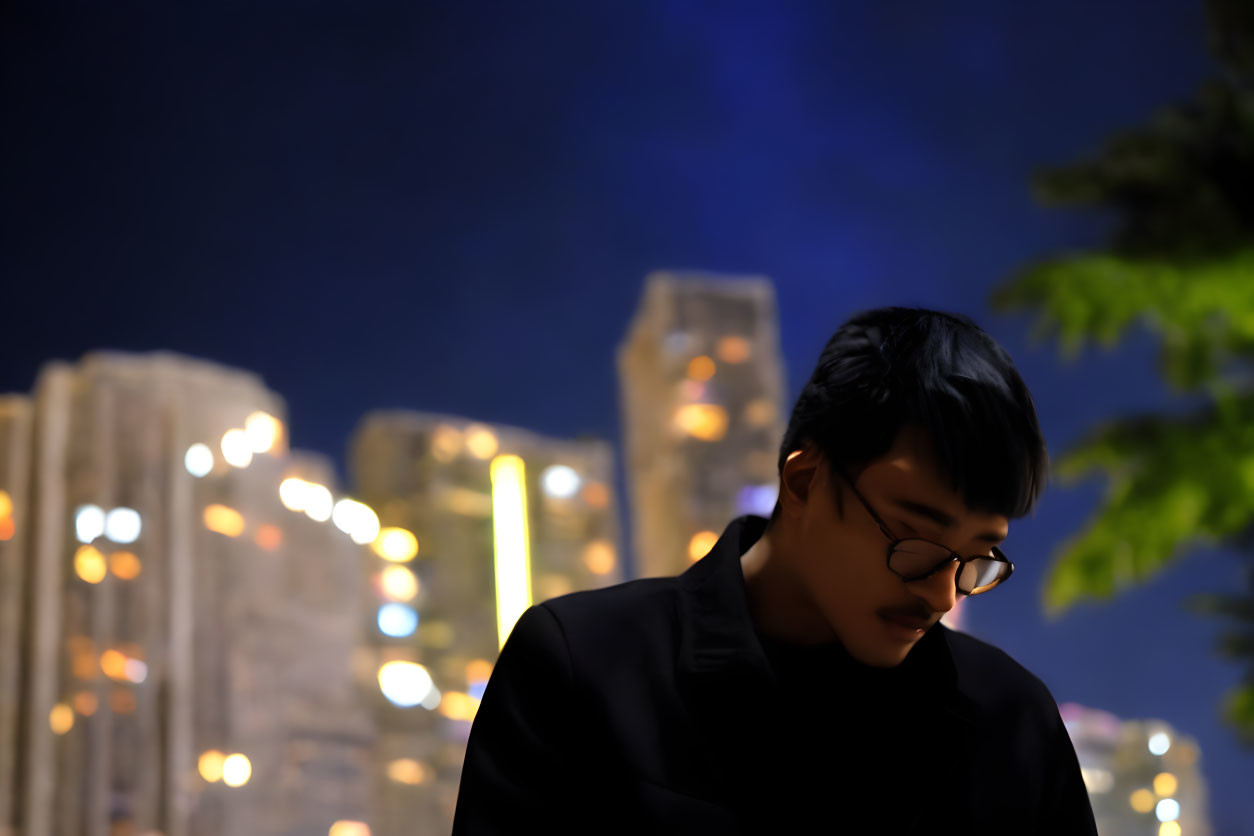 Pensive person in glasses against city night lights