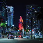 Vibrant Night Cityscape with Neon Skyscrapers & Palm Trees