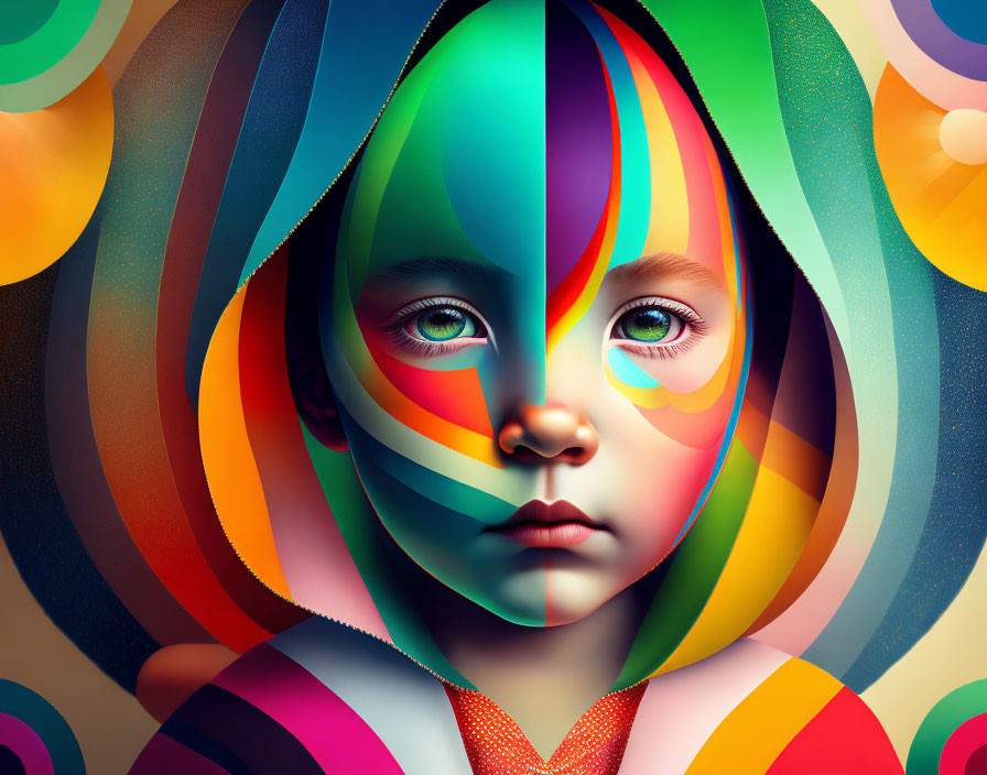 Colorful digital portrait of child with multicolored face and abstract shapes