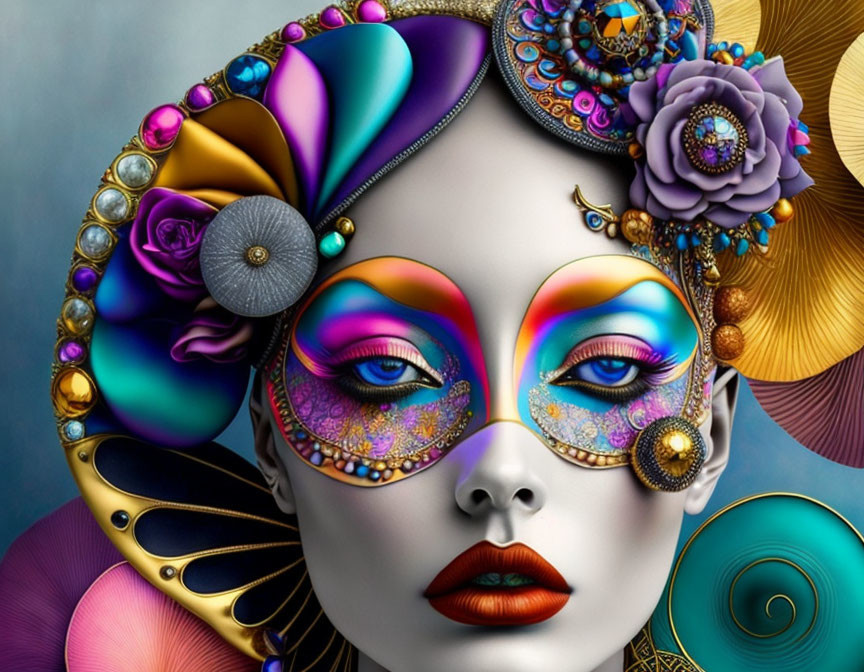 Colorful Digital Artwork: Stylized Woman's Face with Intricate Patterns