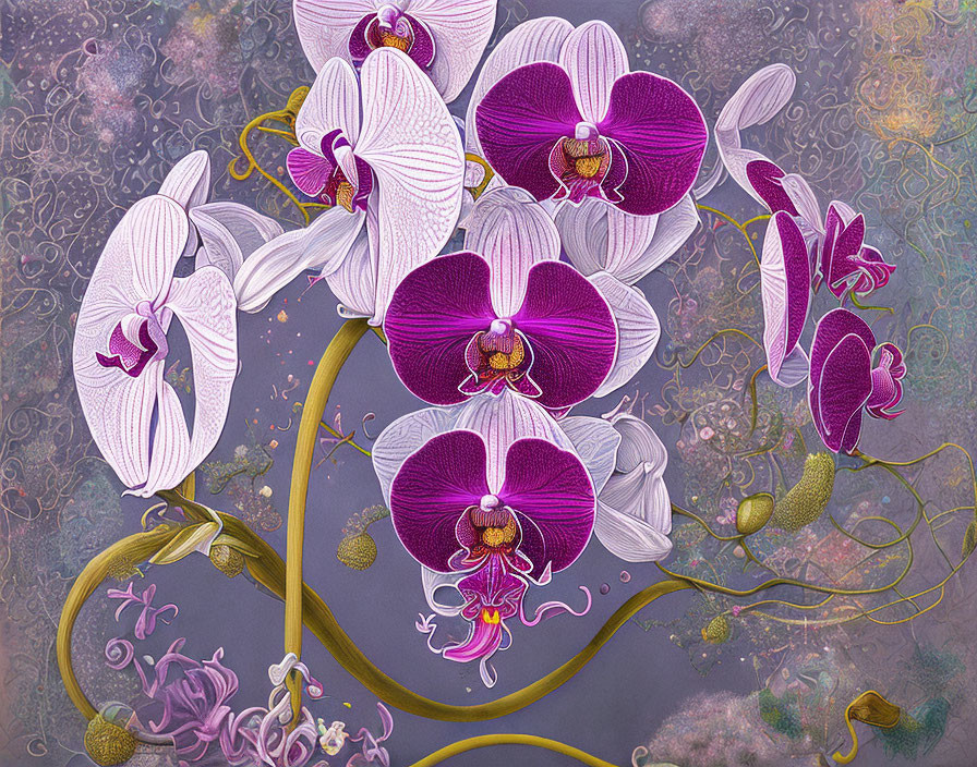 Detailed Purple and White Orchids Illustration on Textured Gray Background