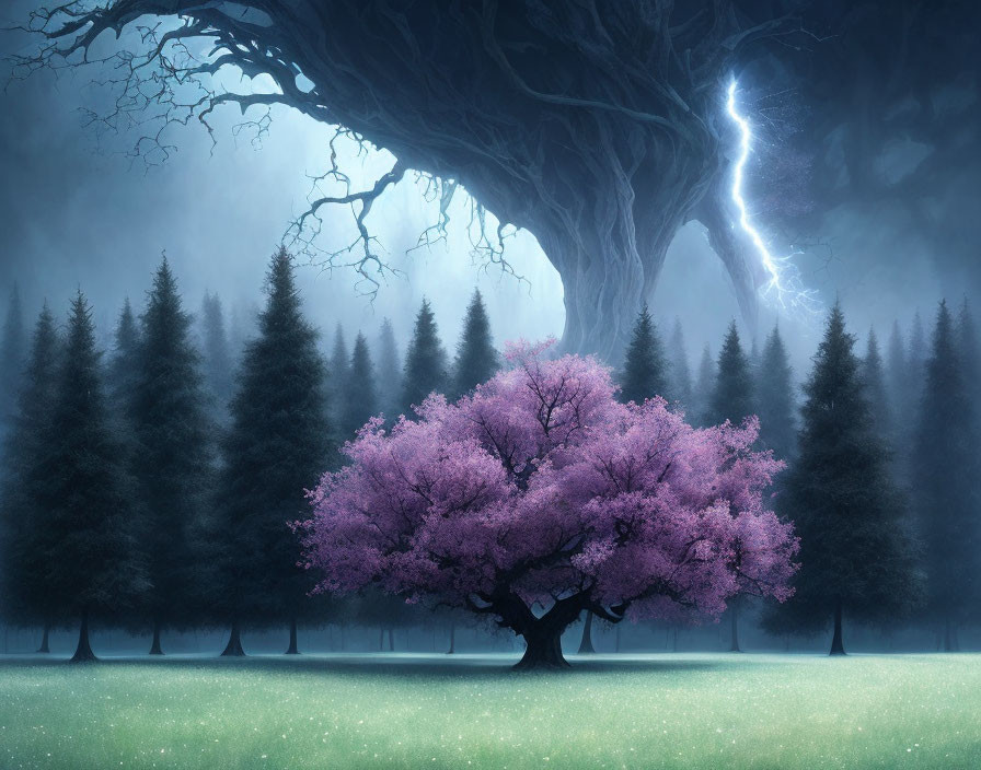 Cherry tree blooms under lightning in mystical landscape