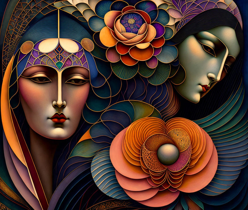 Colorful stylized art of two female faces with intricate patterns and floral motif