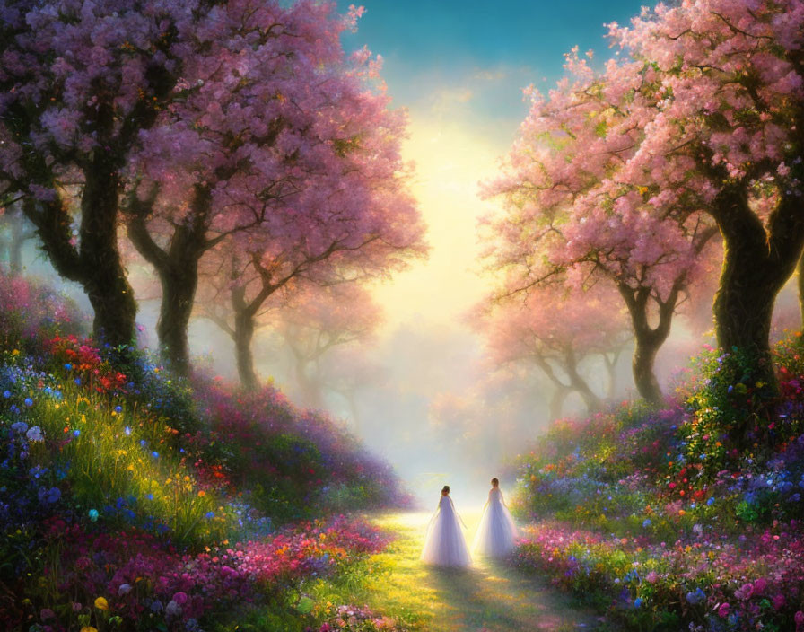 Misty flower-lined path with two figures under blooming cherry trees