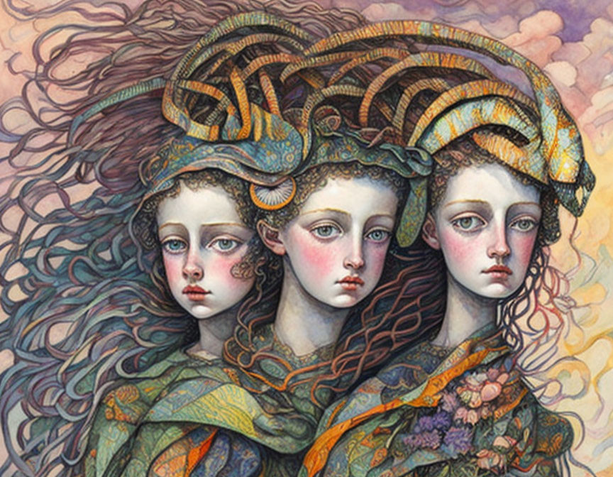 Ethereal female figures with swirling hair against pastel backdrop