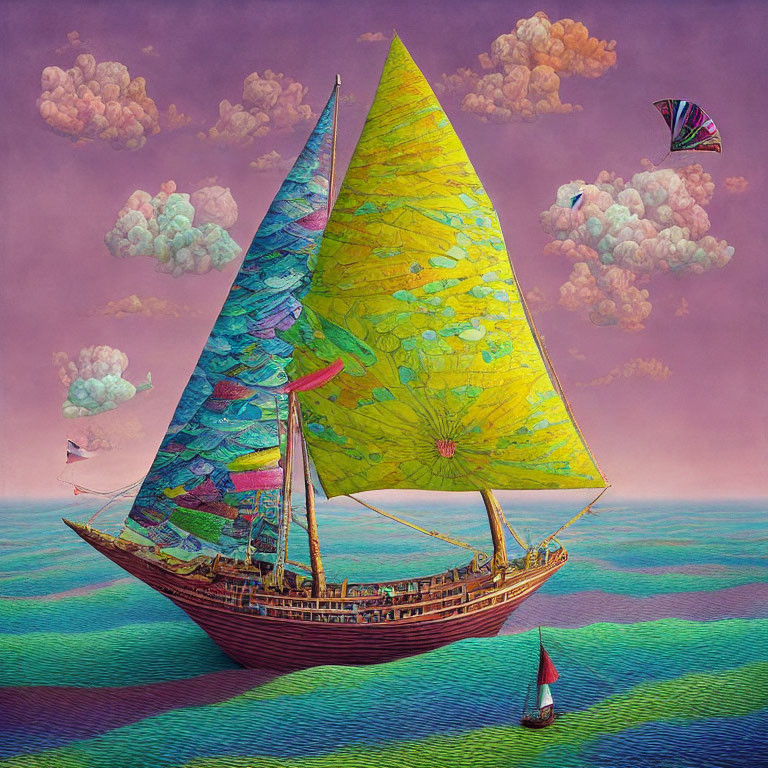 Colorful Sailboat with Patchwork Sails Sailing on Vibrant Sea under Purple Sky