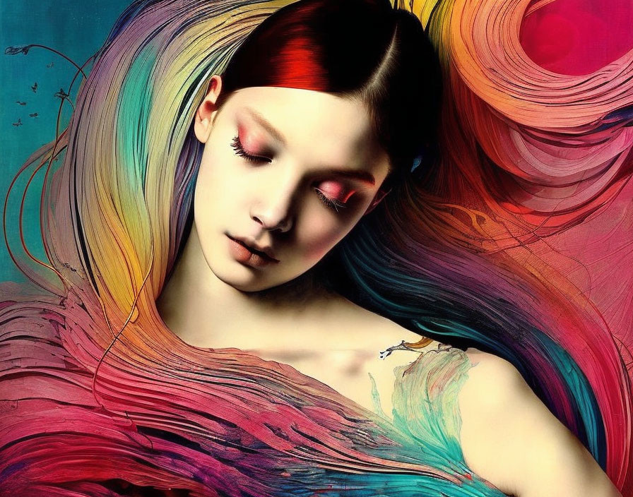 Colorful flowing hair and vibrant makeup in artistic fantasy style