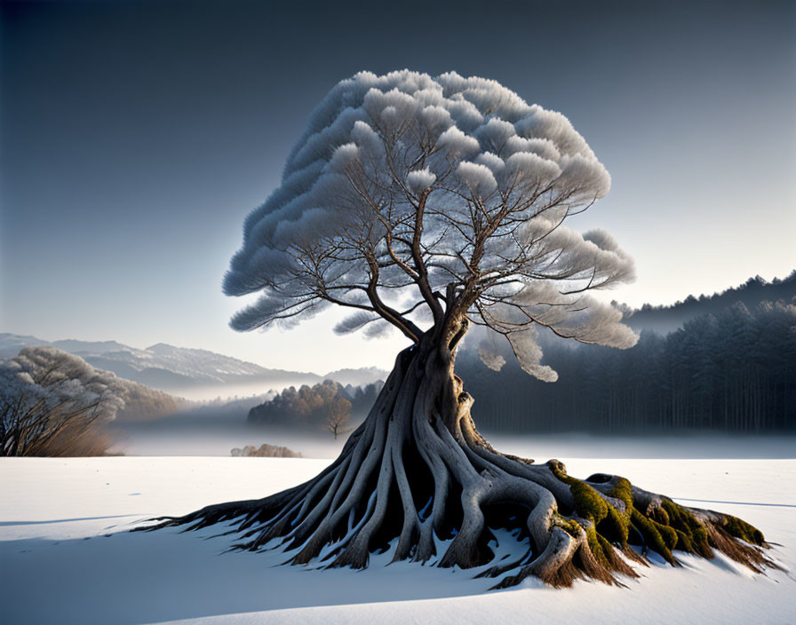 Solitary tree with cloud-like canopy in snowy landscape