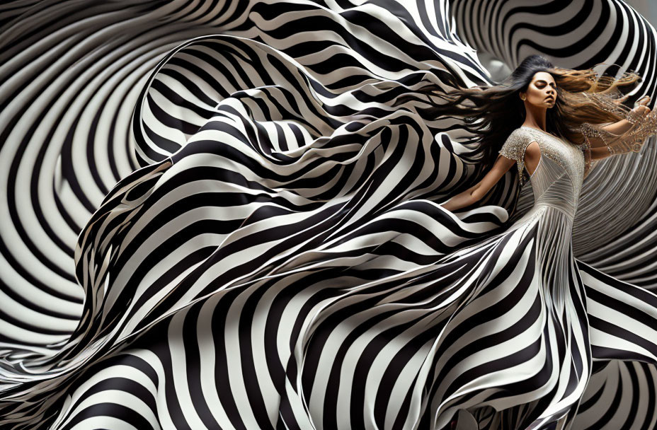 Woman in black and white striped dress with swirling background.