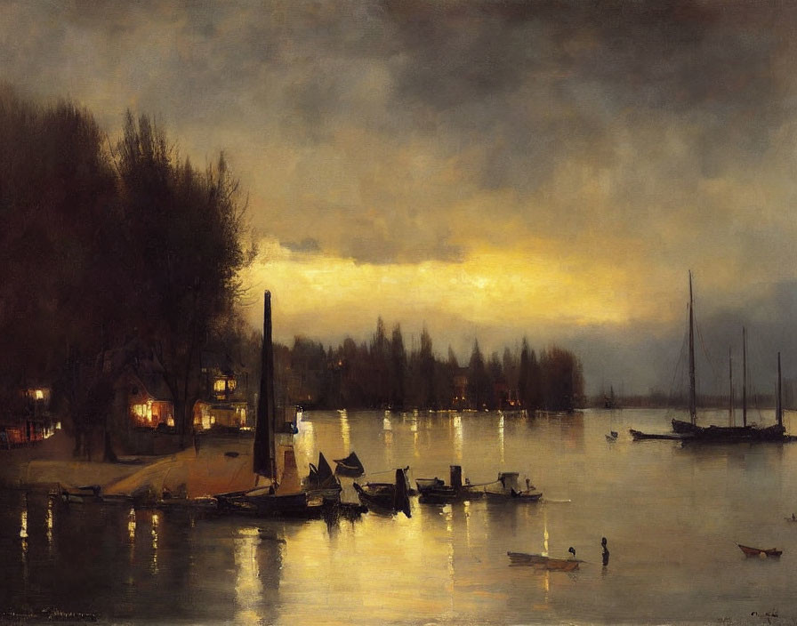 Tranquil Twilight River Scene with Boats and Dock