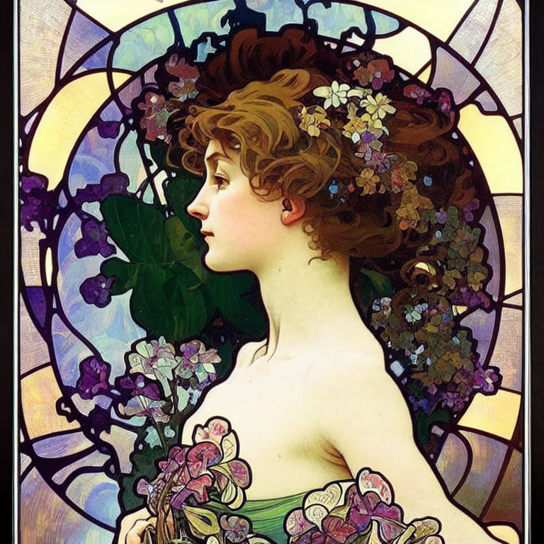 Art Nouveau Woman Illustration with Flowing Hair and Floral Halo