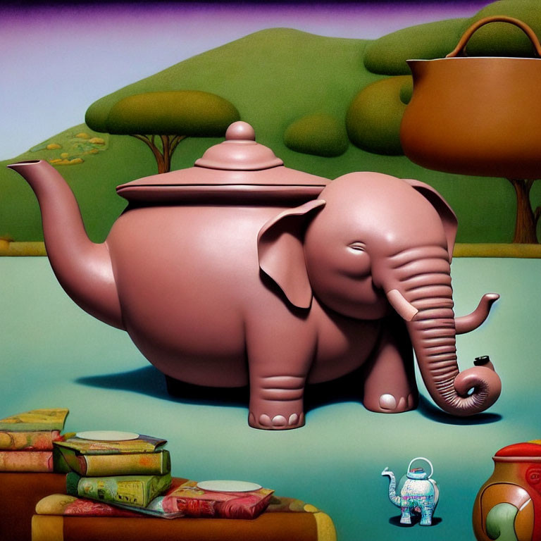 Surreal painting featuring elephant teapot, books, and pottery