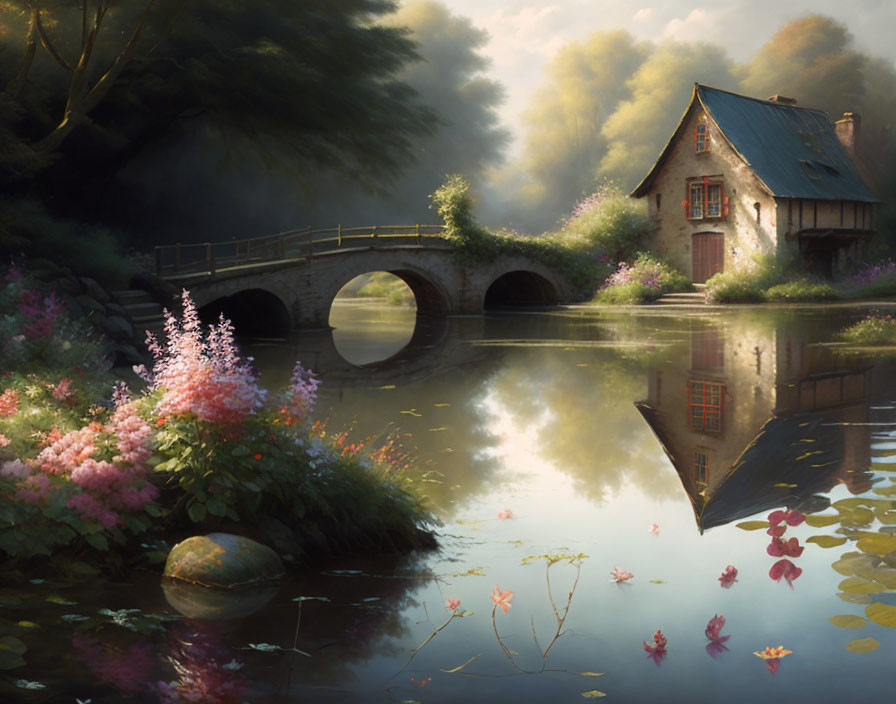 Tranquil pond with stone bridge and quaint house in lush setting