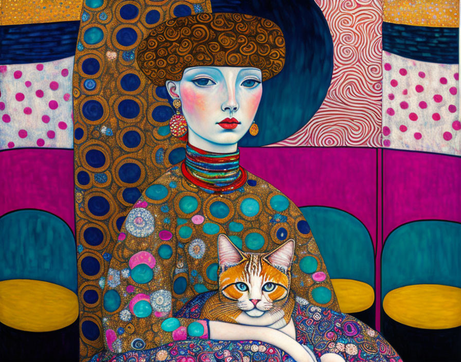 Stylized portrait of pale-skinned woman with tabby cat in patterned dress