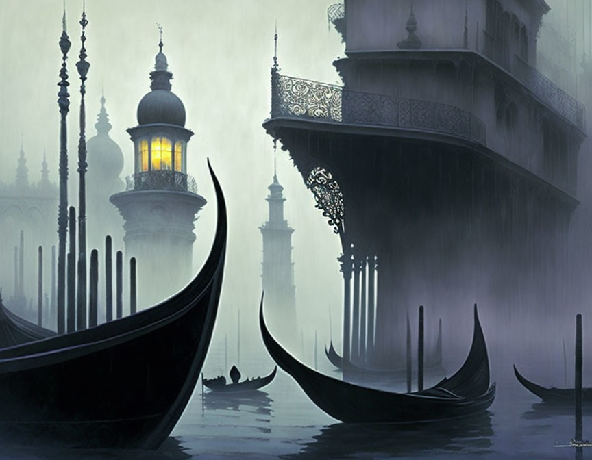 Misty waters with gondolas and lamp-lit buildings in serene ambiance