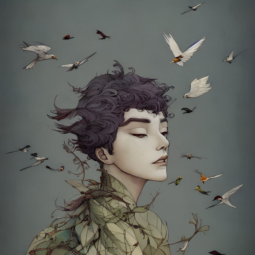 Purple-haired person with leafy shoulders and birds on grey background