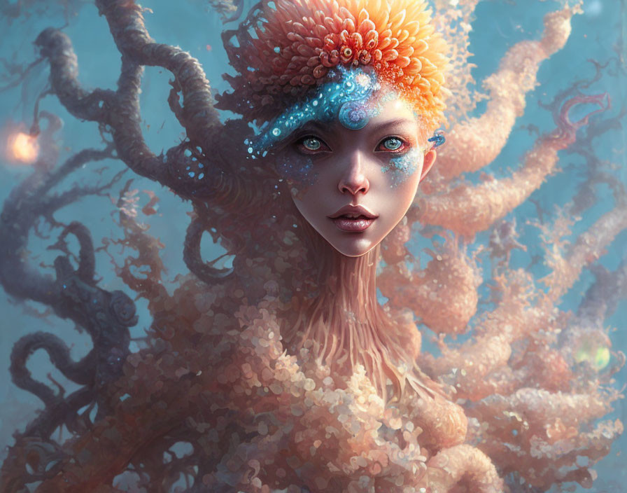 Blue-skinned female figure with coral hair and tentacles in underwater scene