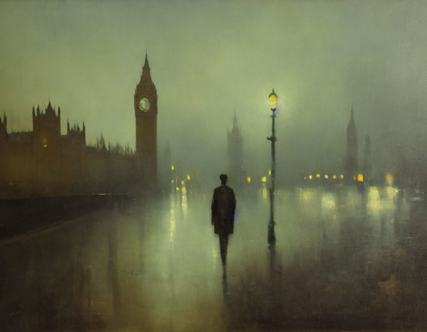 Figure Walking Near Big Ben and Houses of Parliament on Misty Road