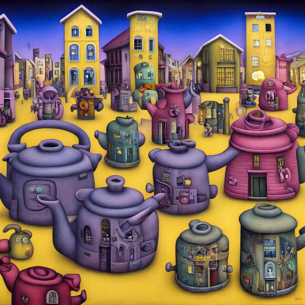 Whimsical, colorful artwork of teapot-shaped town with anthropomorphic buildings