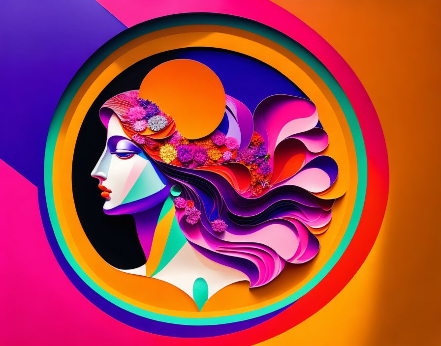 Colorful Stylized Woman Profile with Floral Decorations on Multicolored Background