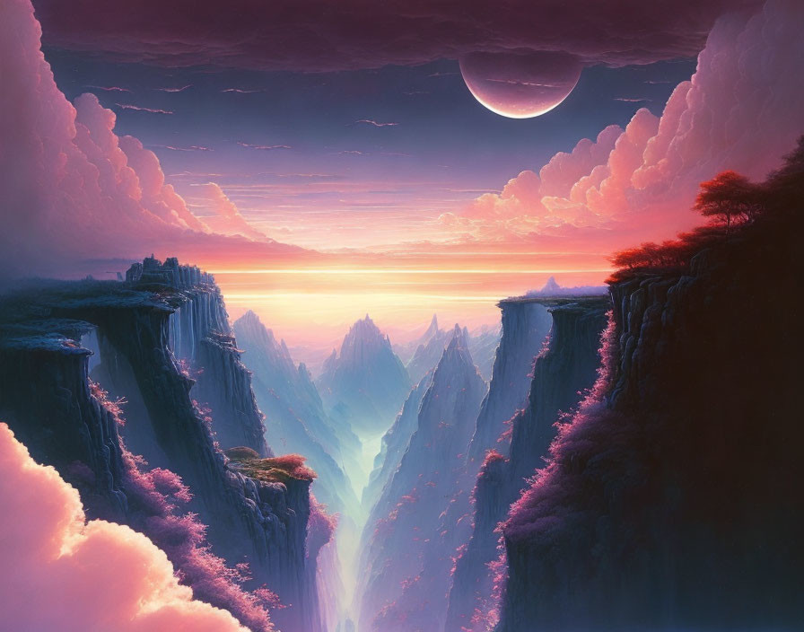 Fantasy landscape with towering cliffs, chasm, pink clouds, crescent moon, and purple sunset