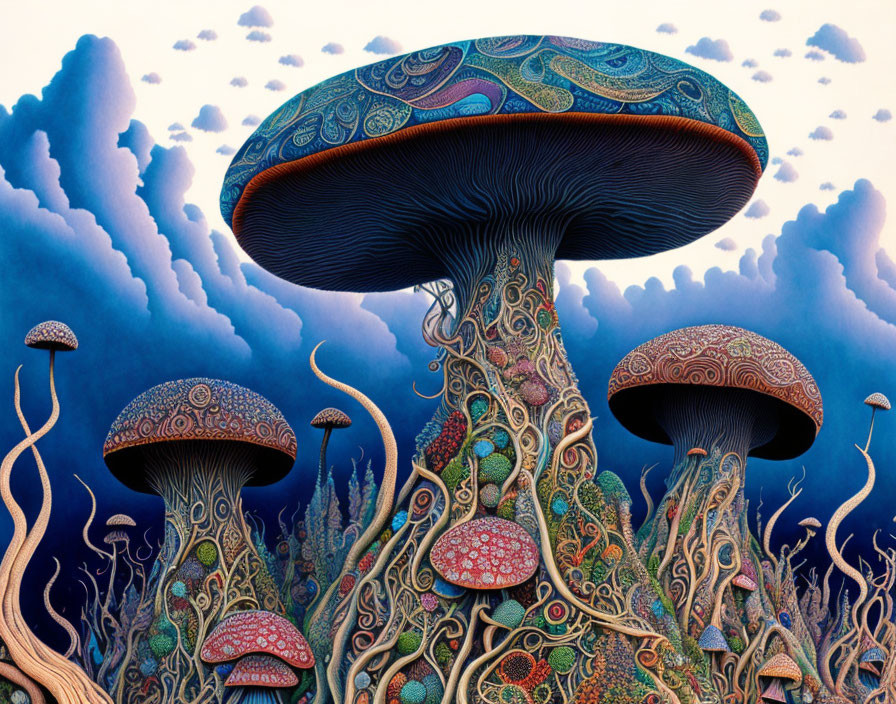 Colorful Stylized Mushroom Art Against Blue Sky