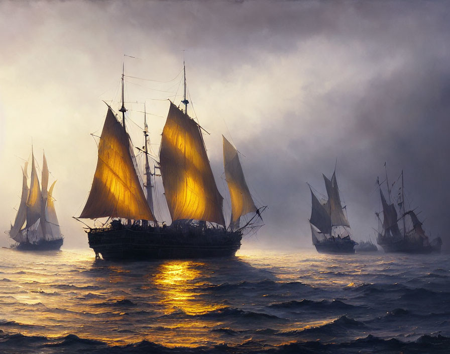 Tall ships fleet sailing on high seas at sunset with glowing golden light