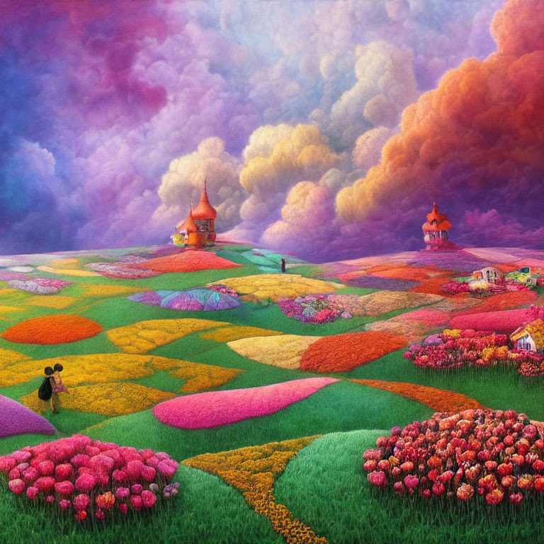 Colorful landscape with patchwork fields and whimsical houses under a dramatic purple-clouded sky