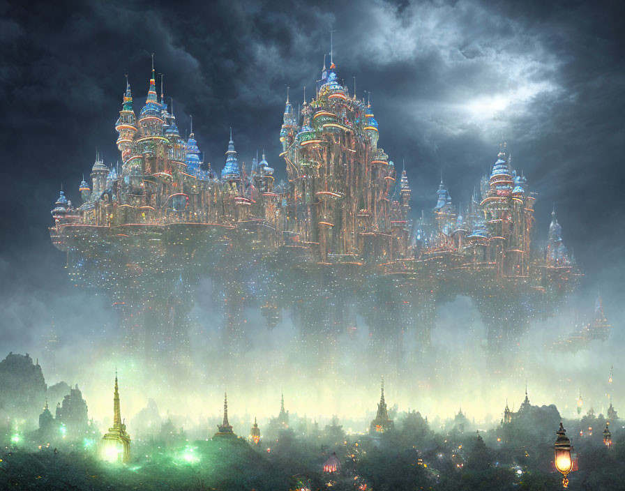 Moonlit cityscape with towering spires and ethereal lights in misty setting