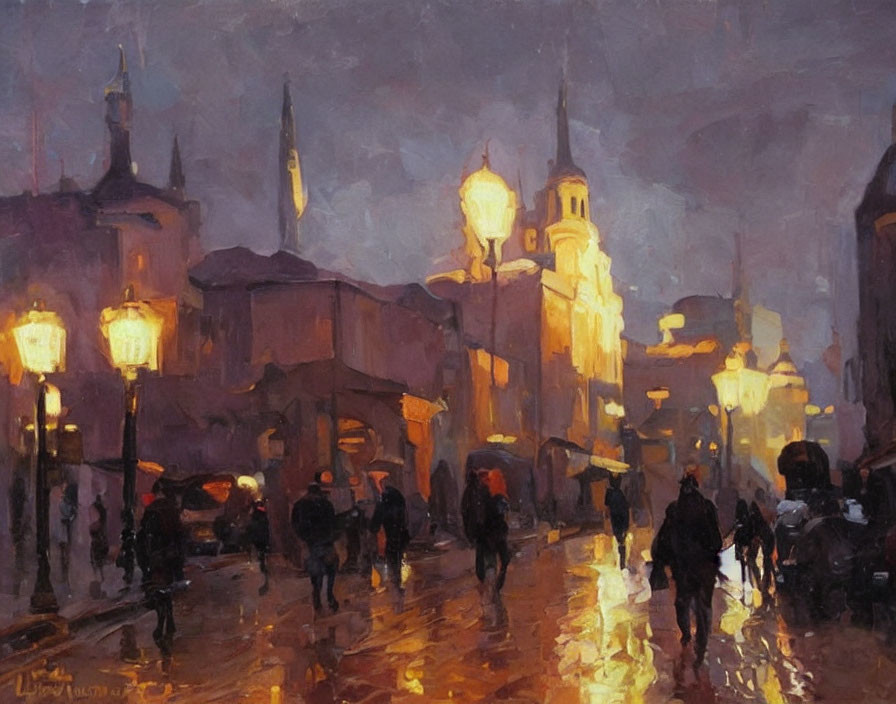 City evening scene with rainy glow and people walking under street lamps