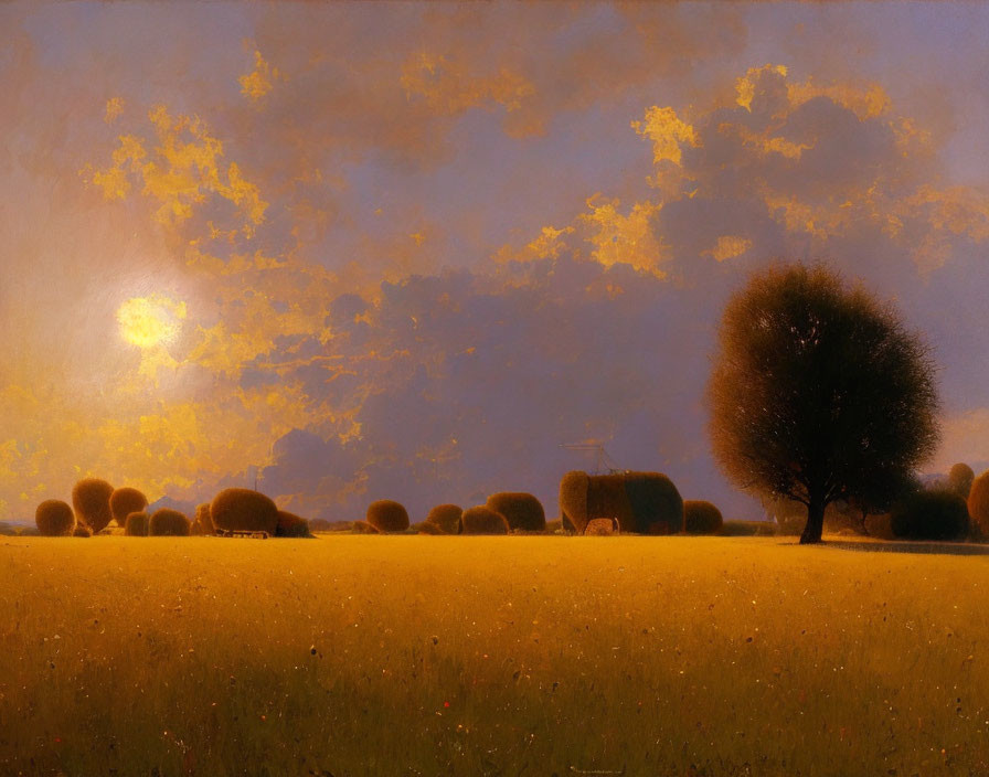 Tranquil sunset scene with round trees in golden landscape