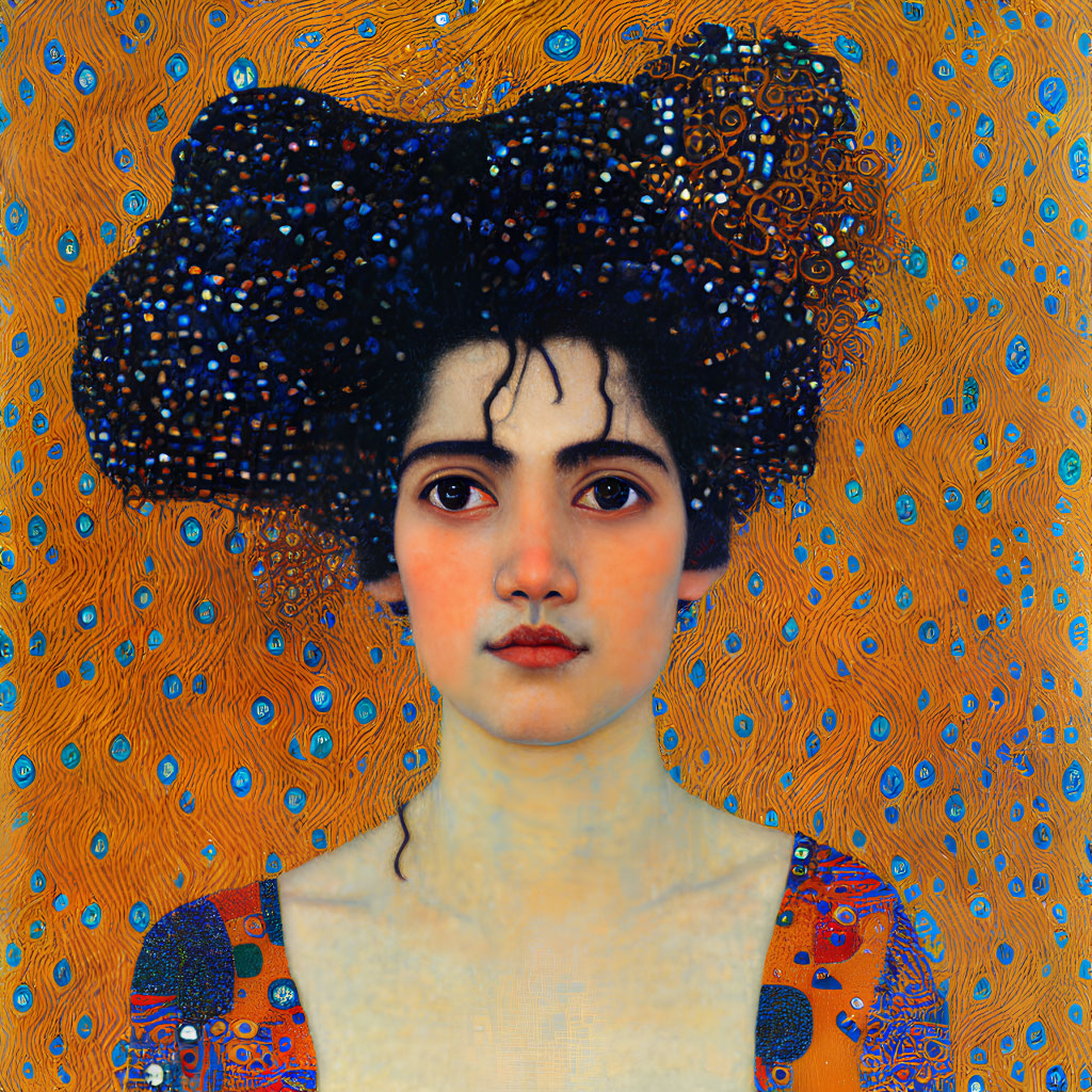 Intricate jeweled hairdo and ornate blue-orange background portrait