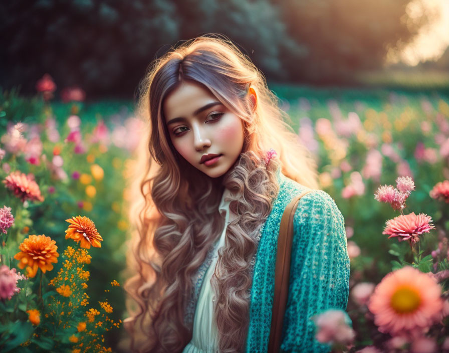 Young Woman with Long Wavy Hair in Colorful Flower Field at Golden Hour