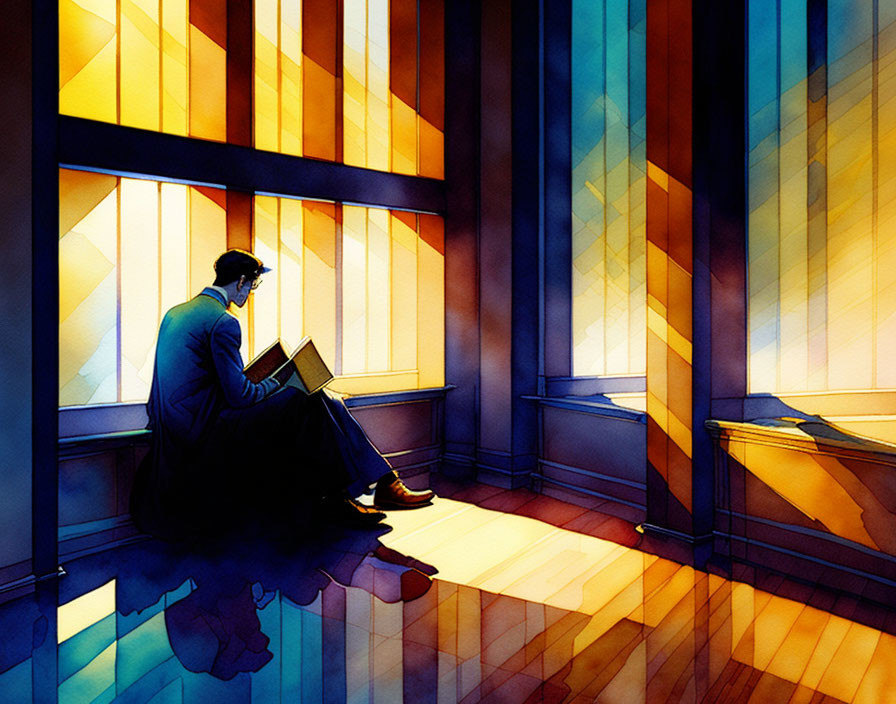 Man reading book in room with vibrant stained-glass windows