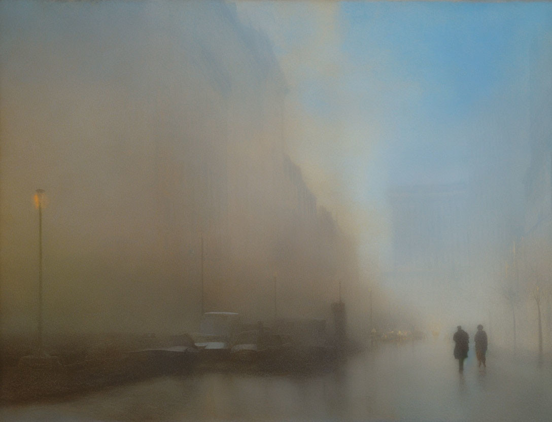 Silhouettes on foggy city street with lamp posts and parked cars