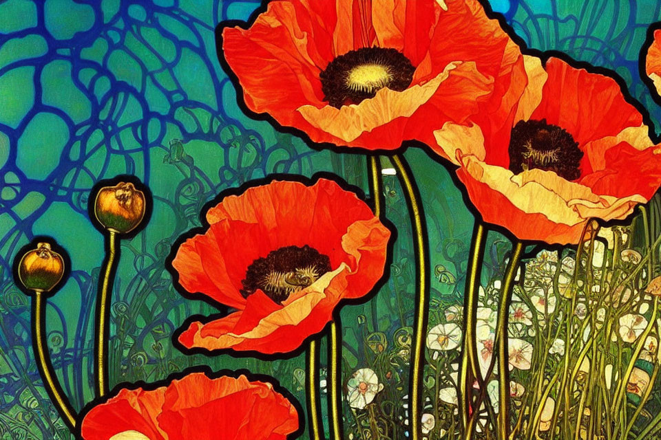 Vibrant red poppies on blue background with Art Nouveau style.