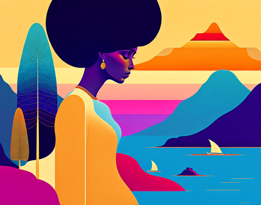 Colorful Afro Woman Profile Illustration with Abstract Landscape