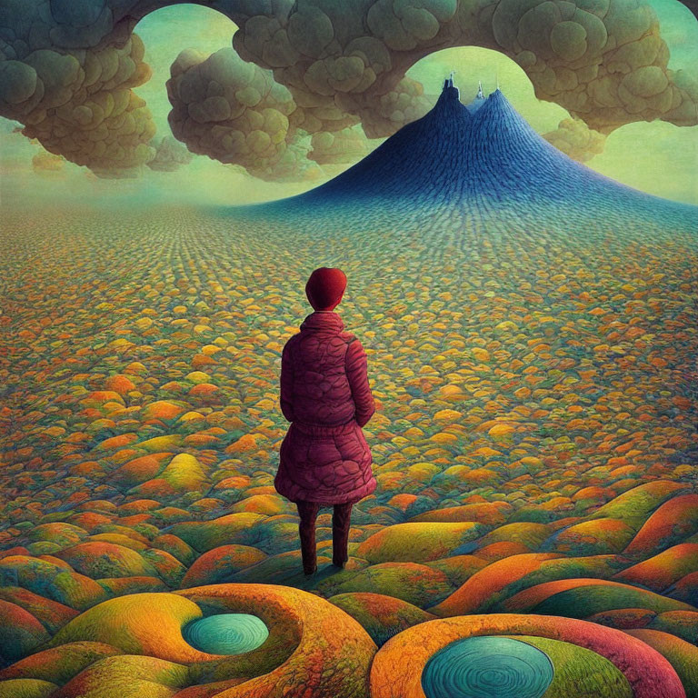 Person in Red Hat and Coat in Surreal Landscape with Volcano and Whimsical Clouds