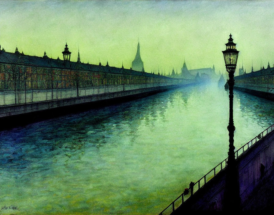 Misty riverside painting with street lamps and bridge at dawn or dusk