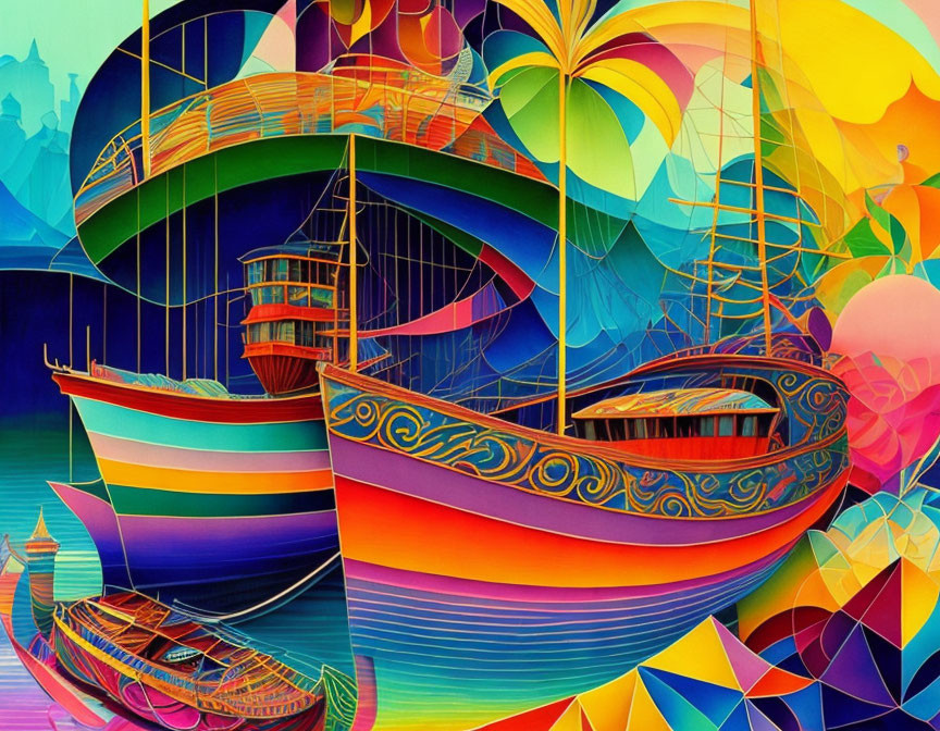 Colorful painting of three sailing ships with intricate designs on sails and hulls, set against abstract backdrop