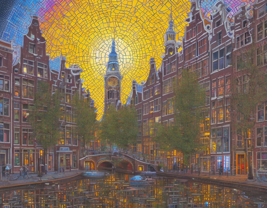 Dutch buildings and canal at twilight with artistic yellow sky