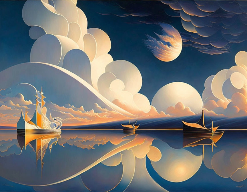 Surreal painting of ships on calm water with moonlit sky